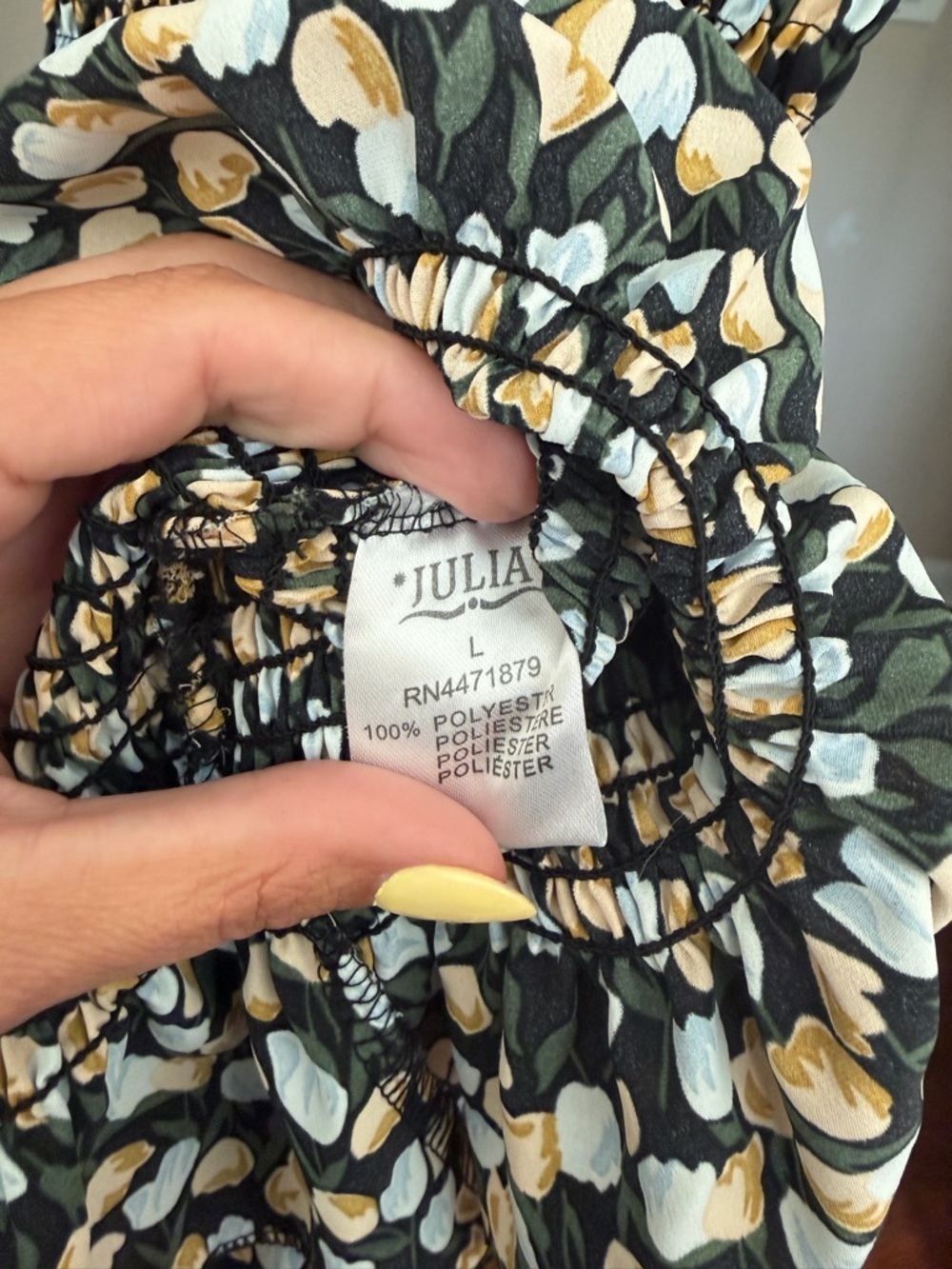 Smocked Puff-Sleeve Midi Dress in Black with Yellow and Cream Print - Picture 4 of 4